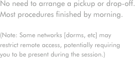 No need to arrange a pickup or drop-off.
Most procedures finished by morning.

(Note: Some networks [dorms, etc] may
restrict remote access, potentially requiring
you to be present during the session.)