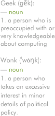 Geek (gēk):
— noun1. a person who is preoccupied with or very knowledgeable about computing
Wonk (ˈwȯŋk):
— noun1. a person who takes an excessive interest in minor details of political policy.